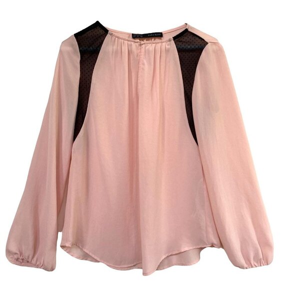 Zara Tops - Zara Blouse Chiffon Light Pink Balloon Sleeves Sheer Lace Paneling Womens Small